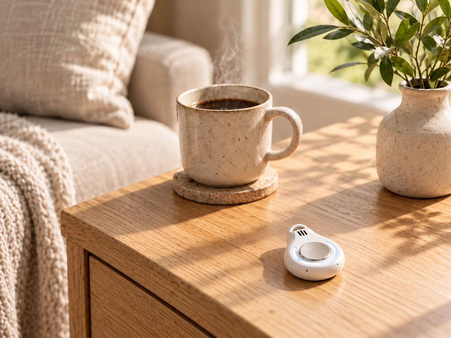 The Lira pendant beside a steaming mug and a leafy plant on a sunlit oak table.