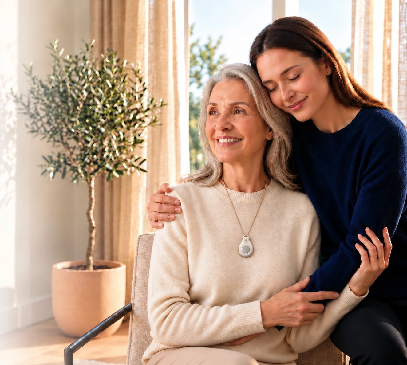 An older woman wearing the Lira pendant, smiling as a younger woman hugs her.